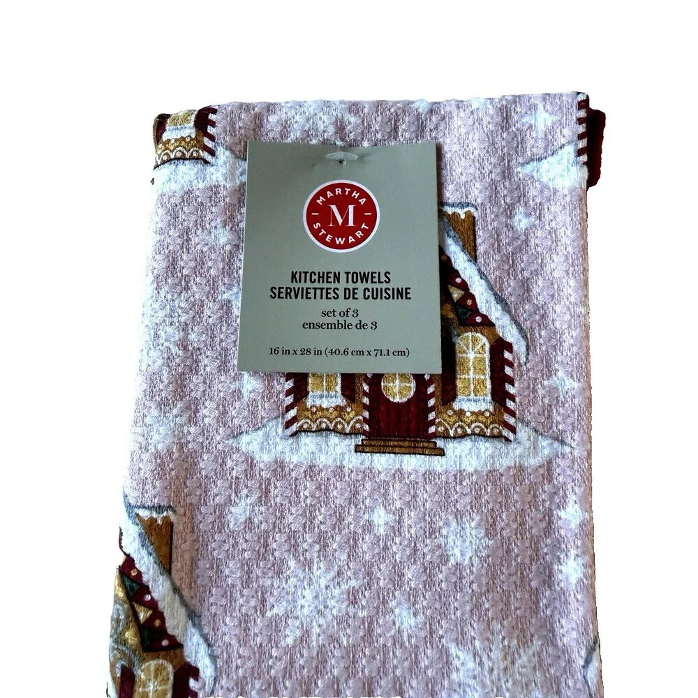 Martha Stewart Christmas Gingerbread House Dish Kitchen Towels Set of 3 Red Pink